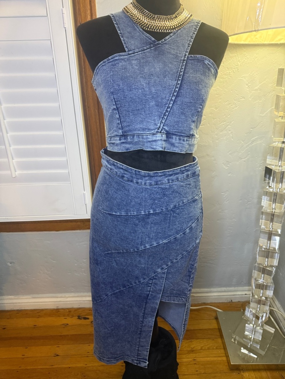 Denim Two-Piece Crop Top & Midi Skirt Set - Blue